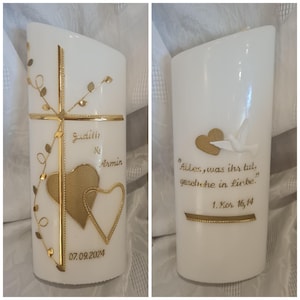 Wedding candle, slanted oval or round, 25 x 8 cm, pure white gold dove. Customizable color. Heart cross with your desired text.
