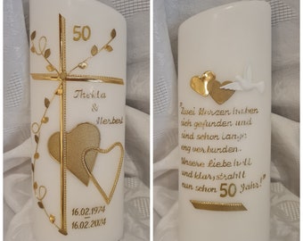 Wedding candle golden wedding slanted oval pure white or round 25 x 8 cm white gold dove individual color. Heart cross desired text