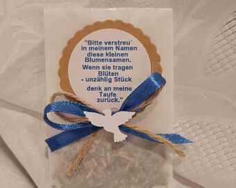 Sementes de flores para presente em um saco de papel branco. Cor individual. Com texto desejado