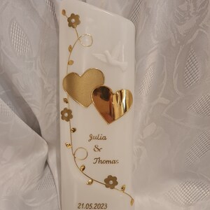 Wedding candle, slanted oval, pure white, gold, dove, custom color. Heart, cross.