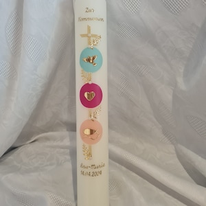 Communion candle, baptism candle 40 x 4, 40 x 5, 35 x 5 cm white, ivory, mint, pink, apricot, gold. Fish, cross, dove, heart. Customizable colors.