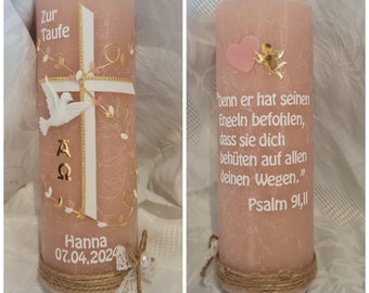 Taufkerze Rustik  190 x 68 mm rosa weiss gold  Herz  Kreuz Taube Name Datum . Wunschtext Psalm Taufspruch