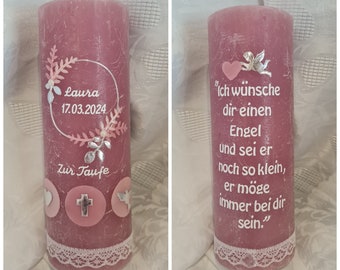 Taufkerze Rustik  190 x 68 mm pink  weiss rosa  silber Kreuz Herz Fisch Kreuz Taube.  Wunschtext Psalm Taufspruch