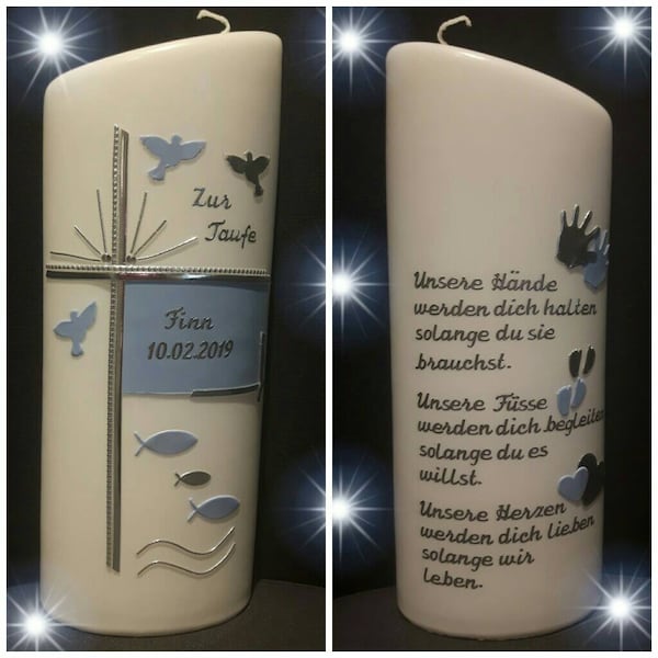 Taufkerze schräg oval ODER rund 25 x 8 cm silber hellblau mit Wunschtext Taufspruch oder Psalm auf der Rückseite. Farblich individuell