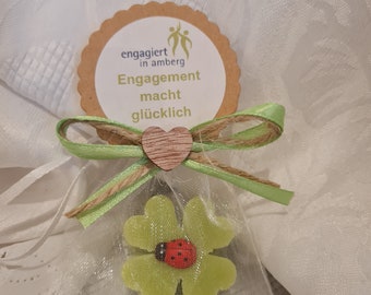 Guest gift customer gift soap clover leaf green brown ladybug logo desired text in individual colors