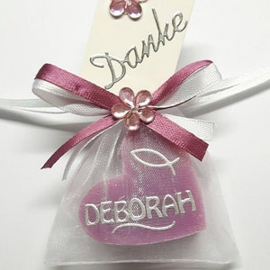 Gastcadeau plaatskaartje zeep schapenmelk zeep hart oud roze bedankje communie, vormsel, doop,