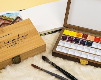 Watercolor Box, Wood, 36 Pans (2ml), Light or Dark, Bamboo