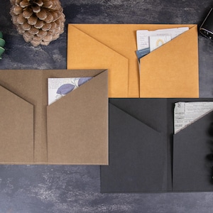 Könnte beinhalten: Drei Papiermappen in Beige, Braun und Schwarz, jeweils mit zwei Innentaschen ausgestattet. Die Mappen enthalten verschiedene Papiere mit gedrucktem Text und Grafiken. Sie sind auf einer dunklen Oberfläche neben einem Tannenzapfen angeordnet.