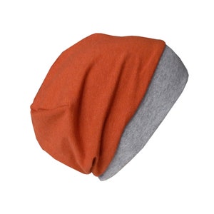 Leichte Beanie mit Bündchen für Babys Kinder Damen und Herren. Neutrale Basic-Beanie einlagig aus Jersey meliert mit Farbauswahl terracotta