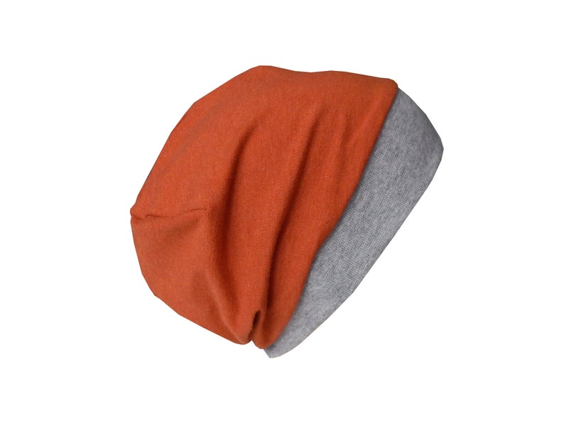 Leichte Beanie mit Bündchen für Babys Kinder Damen und Herren. Neutrale Basic-Beanie einlagig aus Jersey meliert mit Farbauswahl terracotta