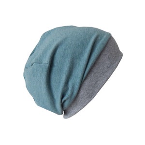 Leichte Beanie mit Bündchen für Babys Kinder Damen und Herren. Neutrale Basic-Beanie einlagig aus Jersey meliert mit Farbauswahl rauchblau