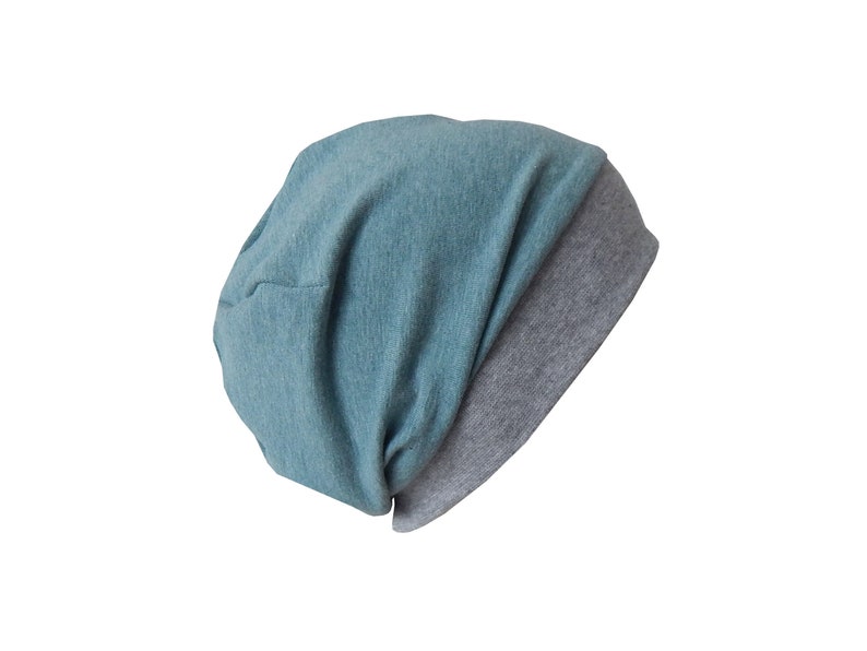 Leichte Beanie mit Bündchen für Babys Kinder Damen und Herren. Neutrale Basic-Beanie einlagig aus Jersey meliert mit Farbauswahl rauchblau