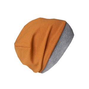 Leichte Beanie mit Bündchen für Babys Kinder Damen und Herren. Neutrale Basic-Beanie einlagig aus Jersey meliert mit Farbauswahl ocker