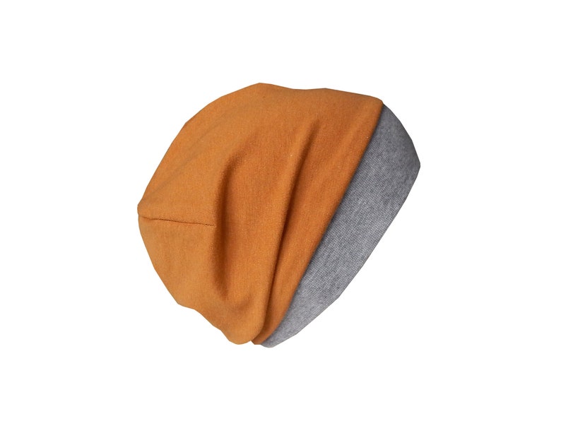 Leichte Beanie mit Bündchen für Babys Kinder Damen und Herren. Neutrale Basic-Beanie einlagig aus Jersey meliert mit Farbauswahl ocker