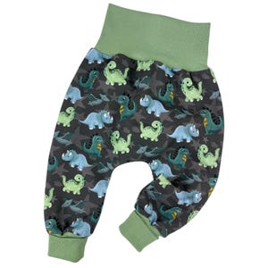 Könnte beinhalten: Grün-graue Babyhose mit Dinosaurier-Druck. Die Hose hat einen grünen elastischen Bund und grüne Bündchen.