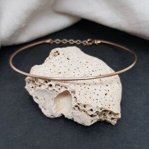 Könnte beinhalten: Eine dünne goldene Choker-Kette mit einem zarten Kettenverschluss.