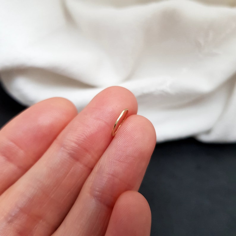 May include: A small, thin, gold hoop earring.