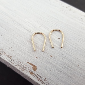 Pu&ograve; includere: Un paio di orecchini a cerchio dorati con un design semplice e minimalista. Gli orecchini sono realizzati con un filo sottile e curvo che forma un piccolo cerchio aperto.