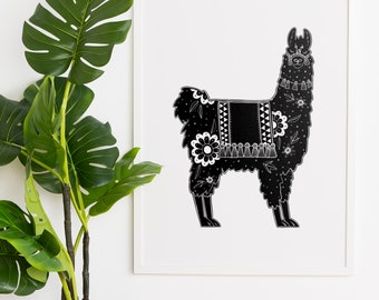 May include: Black and white illustration of a llama with floral details on its saddle and body. The llama is standing on a white background.