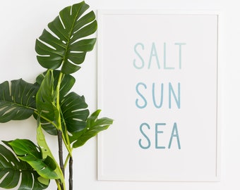 May include: A framed print with the text "SALT SUN SEA" in a blue gradient. The print is hanging on a white wall next to a potted green plant in a woven basket.