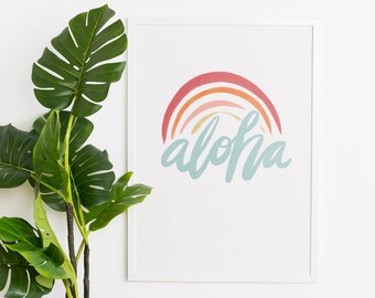 Puede incluir: Una impresión enmarcada con un diseño de arcoíris y la palabra "Aloha" en una fuente de escritura azul.