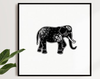 May include: Black and white illustration of an elephant with intricate floral patterns on its body. The elephant is facing right and has a long trunk.