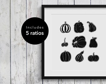 Puede incluir: Una impresión de arte imprimible en blanco y negro con nueve siluetas diferentes de calabazas. La impresión incluye cinco relaciones de aspecto diferentes.