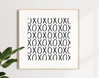 May include: A black and white print with a repeating pattern of the letters XOXO.