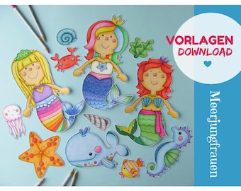 Può includere: Set di artigianato di carta stampabile con tre sirene con code colorate, una balena, una stella marina, un cavalluccio marino, una conchiglia, un granchio, una medusa e un dolce. Il set include il testo "Vorlagen Download" e "Meerjungfrauen".