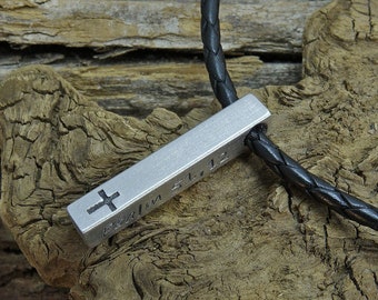 Hand Stamped cross bar necklace leather cord personalised gift baptism confirmation christening