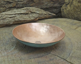 handcrafted chased copper bowl with green patina lotus unique piece