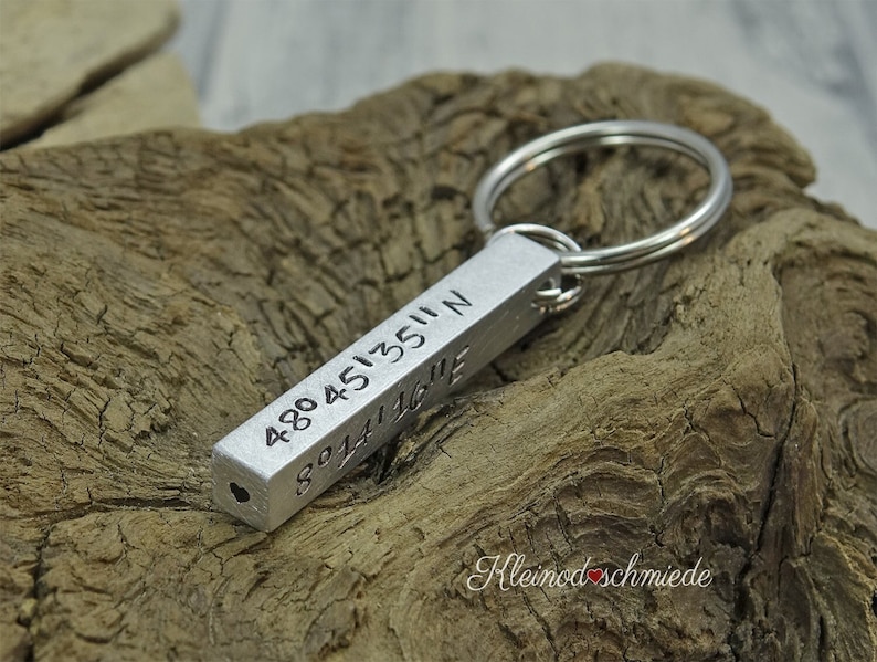 Custom Aluminum Bar Keychain handstamped coordinates image 1