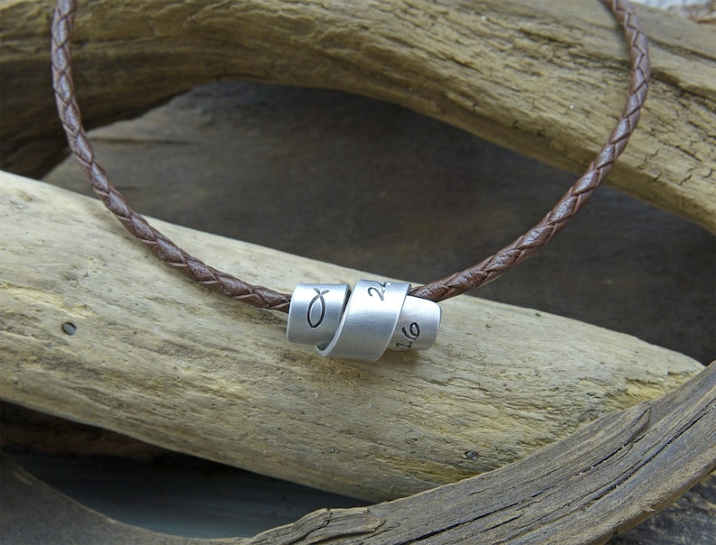 Custom Hand Stamped leather scroll necklace personalised gift for him or her graduation confirmation boyfriend image 1