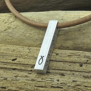 Hand Stamped Ichthys bar necklace leather cord personalised gift confirmation - boyfriend - husband - girlfriend - graduation
