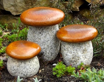 Set of mushrooms 3 pieces stone figurines granite light brown