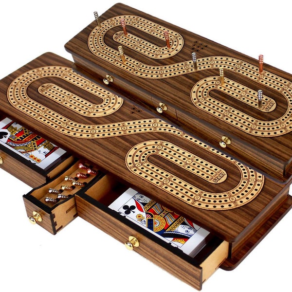 Continuous Cribbage Board Inlaid with Teak Wood / Maple : Alphabet S Shape Inlaid 3 Tracks with Drawer Storage