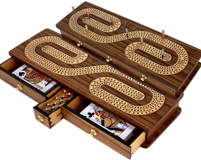 Continuous Cribbage Board Inlaid with Teak Wood / Maple : Alphabet S Shape Inlaid 3 Tracks with Drawer Storage