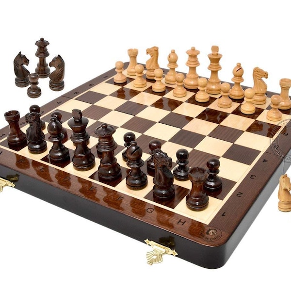 12" Wooden Magnetic Folding Travel Chess Set / Board with 2 Extra Knights, 2 Extra Pawns, 2 Extra Queens and Algebraic Notation - Handmade