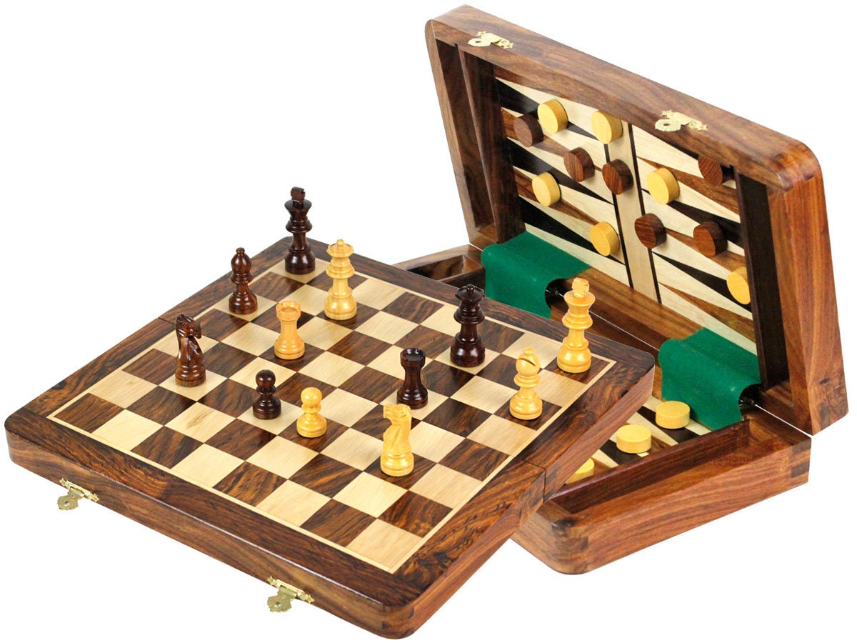 New Wooden Chess 2-in-1 Checkers Round Corner Fold Board Magnetic