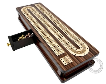 Continuous Cribbage Board / Box Inlaid in Rosewood / Maple 12" - 3 Tracks - Sliding Lid Drawer