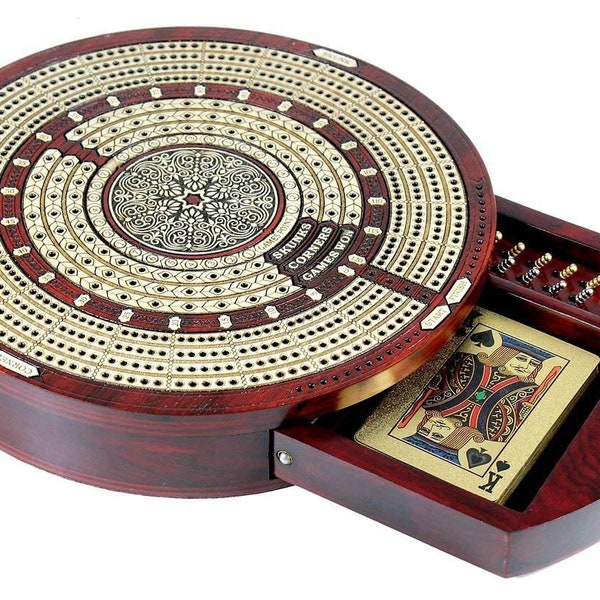 Round Shape 4 Tracks Continuous Cribbage Board Bloodwood / Maple with Push Drawer and place for Skunks, Corners & Won Games