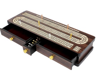 Loop Shape 3 Track (120 points) Wooden Cribbage Board (12") with Drawer Storage for Cards & Pegs