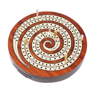 Spiral Travel Cribbage Board for 2 Players (60 points) in Wood with Pegs Storage Drawer