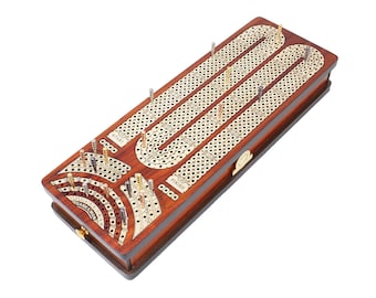 Alphabet M Shape Cribbage Board for 4 Players (120 points) in Wood with Storage Drawer for Pegs & Cards