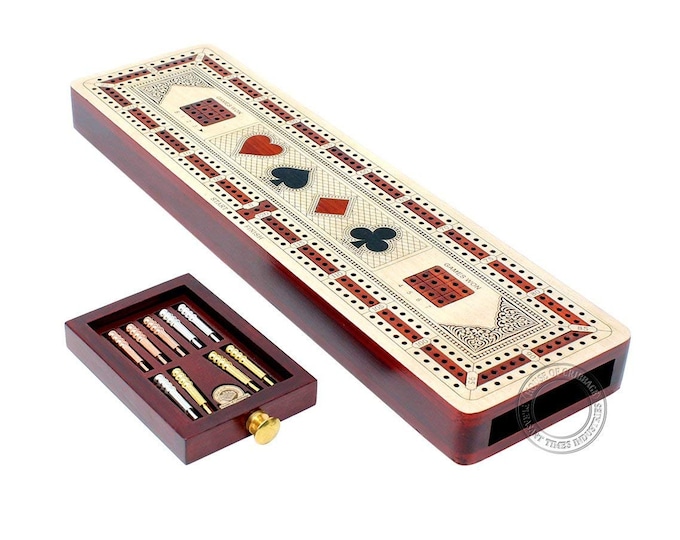 3 Track Continuous Cribbage Board inlaid Maple Wood/Bloodwood - 12.5" - Wood Inlaid Card Symbols (Suits) + Storage Drawer for Cribbage Pegs