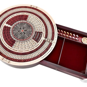 10" Round Shape 4 Tracks Continuous Cribbage Board Maple / Bloodwood - Push Drawer and place for Skunks, Corners & Won Games