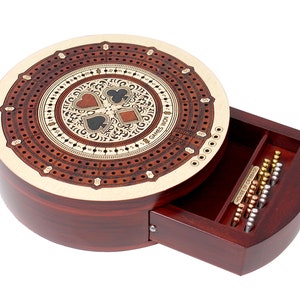 Round Cribbage Board (6.25") - Wooden 3 Tracks (60 points) with Storage Drawer for Pegs & Cards