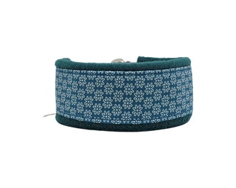 Slip collar for greyhounds, "White Flowers on Petrol", softly padded and feather-light, 3 widths, made to measure