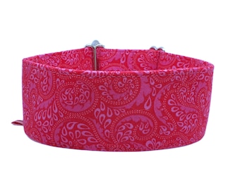 Zugstopp-Halsband / Windhundhalsband Ornamente in pink auf rot, Hundehalsband pink rot, 3 verschiedene Breiten