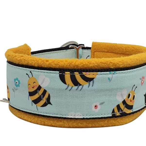 Pull-stop cuddle collar in mint with bumblebees, softly padded and light as a feather, 3 widths, made to measure